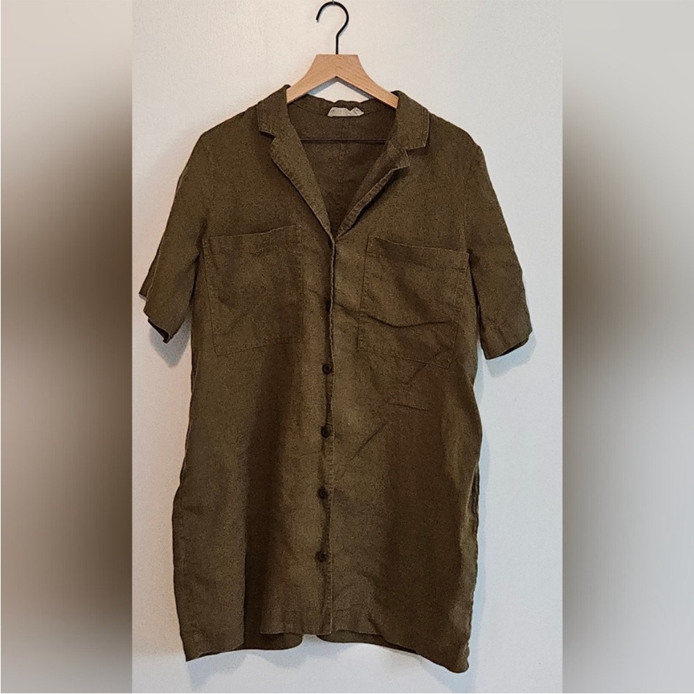 Everlane Olive Green Linen Workwear Mini Shirt Dress